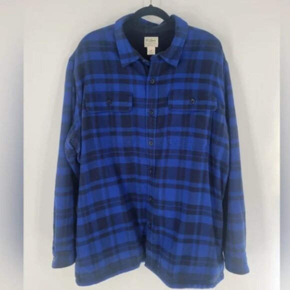 LL Bean Shirt XXL Fleece Lined Flannel Button Plaid Traditional Fit Blue Black - Picture 1 of 4